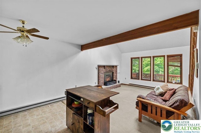 117 Manchester Dr, Lehman Twp, PA 18324 - living area featuring baseboard heating, a ceiling fan, and a fireplace