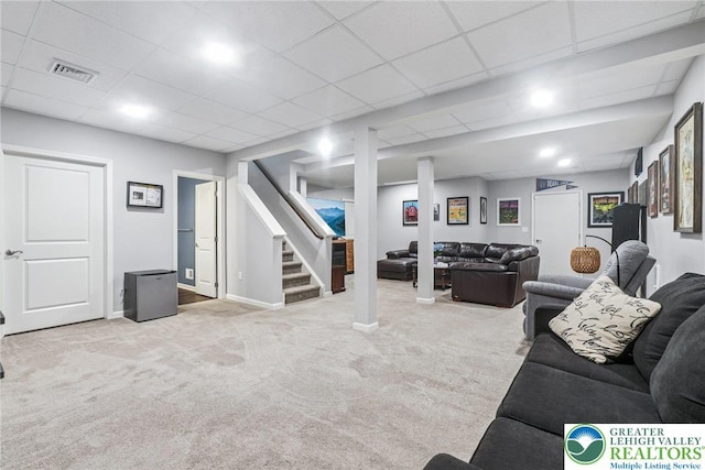 3334 Coventry Dr, Lower Macungie Twp, PA 18062 - carpeted living area with stairs and a drop ceiling