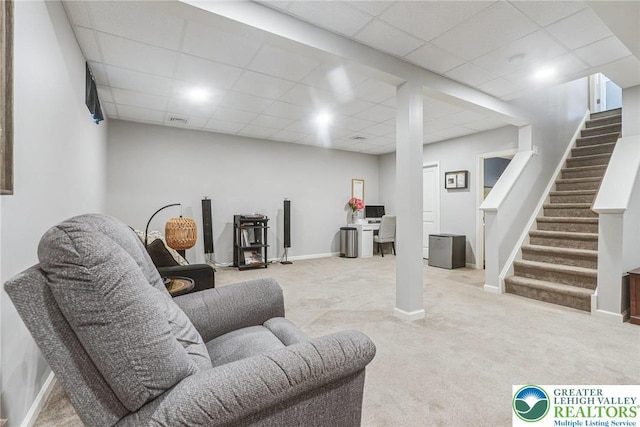3334 Coventry Dr, Lower Macungie Twp, PA 18062 - living area with a drop ceiling, carpet flooring, and stairs