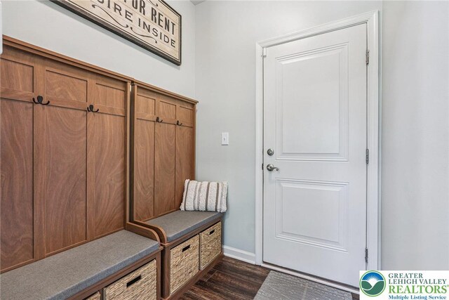 3334 Coventry Dr, Lower Macungie Twp, PA 18062 - mudroom featuring dark wood-type flooring and baseboards