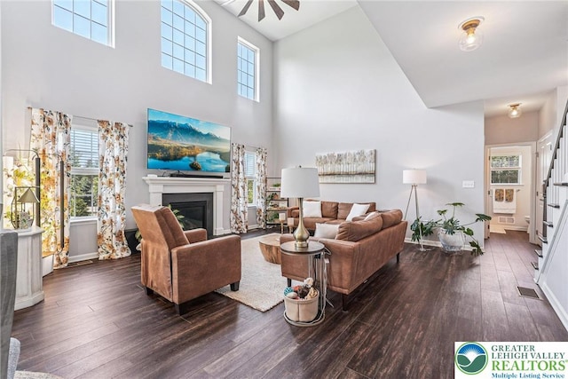 3334 Coventry Dr, Lower Macungie Twp, PA 18062 - living area featuring a high ceiling, a glass covered fireplace, hardwood / wood-style flooring, and healthy amount of natural light