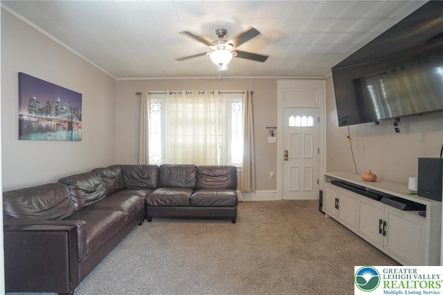 126 W High St, Coaldale Boro, PA 18218 - living area with a ceiling fan, light colored carpet, and crown molding