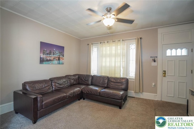 126 W High St, Coaldale Boro, PA 18218 - living area featuring carpet floors, a ceiling fan, plenty of natural light, and crown molding