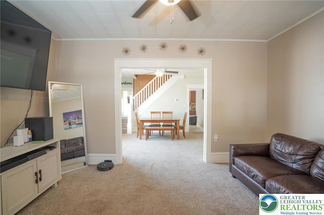 126 W High St, Coaldale Boro, PA 18218 - living room with a ceiling fan, light carpet, stairway, and ornamental molding