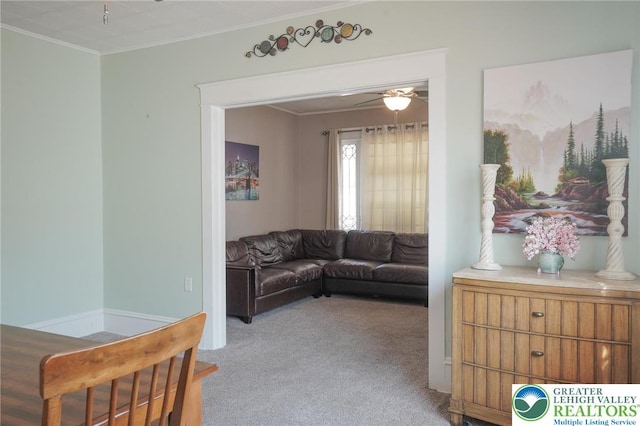 126 W High St, Coaldale Boro, PA 18218 - living area with light colored carpet, a ceiling fan, and ornamental molding