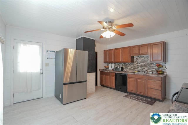 126 W High St, Coaldale Boro, PA 18218 - kitchen featuring freestanding refrigerator, dishwasher, a ceiling fan, brown cabinetry, and tasteful backsplash