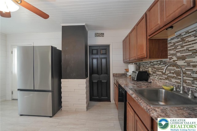 126 W High St, Coaldale Boro, PA 18218 - kitchen featuring freestanding refrigerator, black dishwasher, brown cabinets, backsplash, and ceiling fan