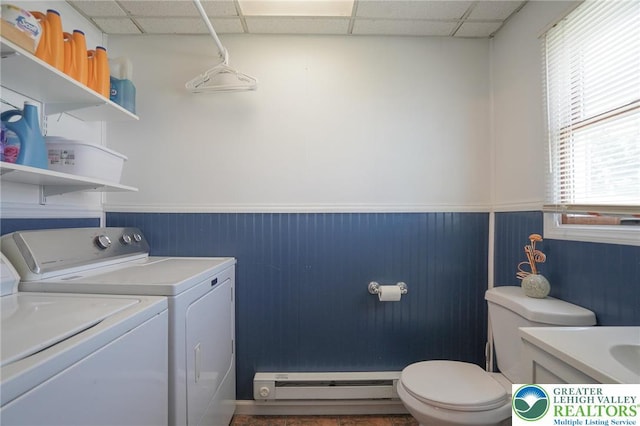 126 W High St, Coaldale Boro, PA 18218 - bathroom featuring baseboard heating, a paneled ceiling, independent washer and dryer, wainscoting, and vanity
