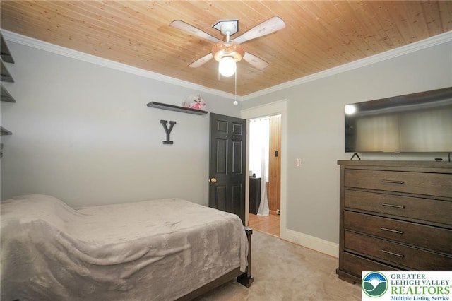 126 W High St, Coaldale Boro, PA 18218 - bedroom with wood ceiling, crown molding, light colored carpet, and ceiling fan