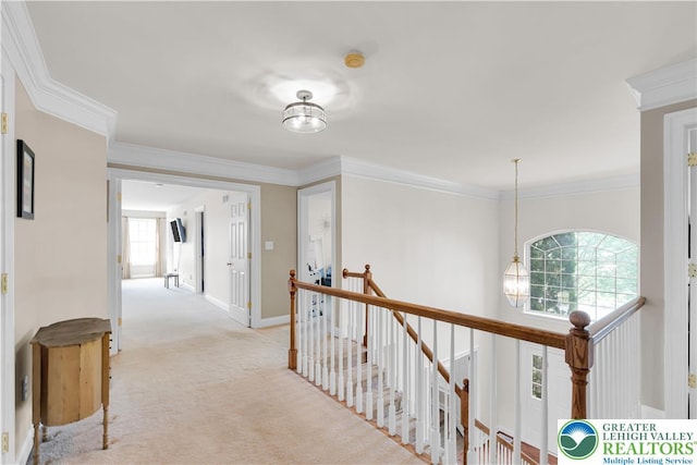 4325 Crosswinds Dr, Easton, PA 18045 - hall featuring an upstairs landing, light carpet, and crown molding