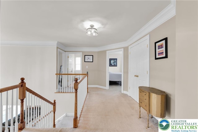 4325 Crosswinds Dr, Easton, PA 18045 - hall featuring an upstairs landing, ornamental molding, and carpet flooring