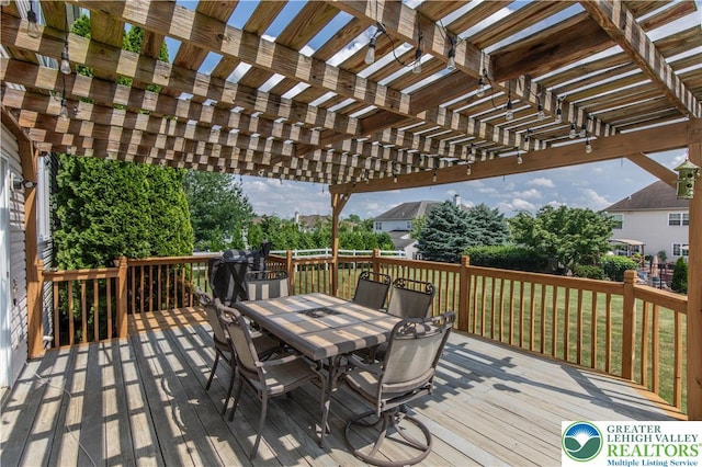 4325 Crosswinds Dr, Easton, PA 18045 - wooden deck with outdoor dining space, a pergola, and a lawn