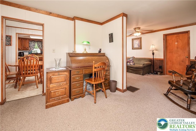 1155 Lake Minsi Dr, Upper Mt Bethel Twp, PA 18013 - office area featuring carpet floors, ceiling fan, and wooden walls