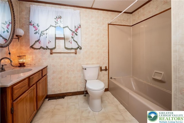 1155 Lake Minsi Dr, Upper Mt Bethel Twp, PA 18013 - full bathroom featuring crown molding, vanity, shower / bathtub combination, and wallpapered walls