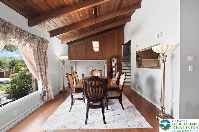 1048 N 27th St, Allentown City, PA 18104 - dining space featuring a wooden ceiling with exposed beams, baseboard heating, stairs, high vaulted ceiling, and wood finished floors