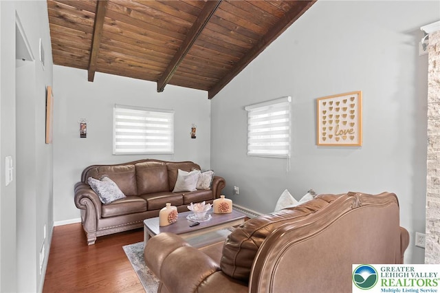 1048 N 27th St, Allentown City, PA 18104 - living room featuring a wooden ceiling with exposed beams, plenty of natural light, wood finished floors, and high vaulted ceiling
