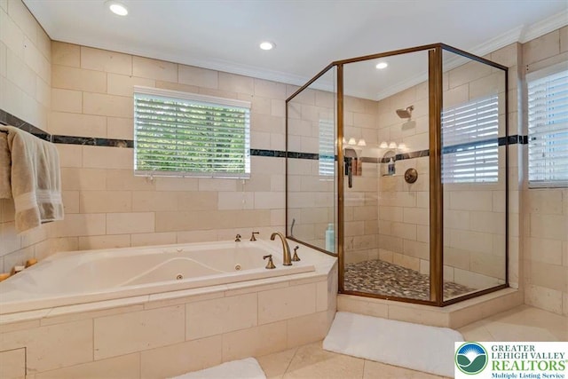 1376 Buck Ridge Dr, Hamilton Twp, PA 18360 - bathroom featuring crown molding, a whirlpool tub, a stall shower, healthy amount of natural light, and tile patterned floors