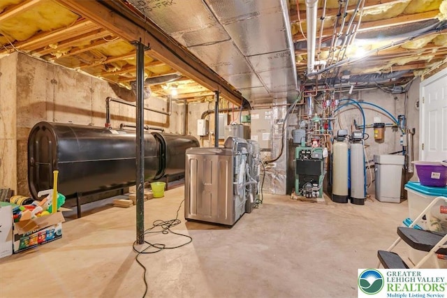 1376 Buck Ridge Dr, Hamilton Twp, PA 18360 - unfinished basement featuring oil tank, a water softener, and washer / clothes dryer