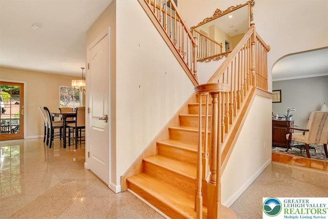 1376 Buck Ridge Dr, Hamilton Twp, PA 18360 - stairway featuring granite tiled floors and crown molding