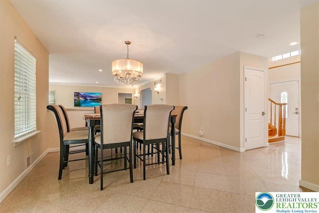 1376 Buck Ridge Dr, Hamilton Twp, PA 18360 - dining space featuring a chandelier, recessed lighting, and stairway
