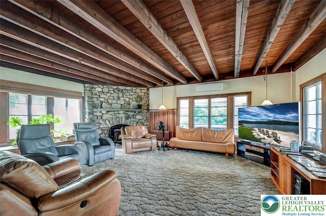 664 Griscom Rd, Barrett Twp, PA 18323 - living room with an AC wall unit, carpet floors, a wood ceiling with exposed beams, and a fireplace