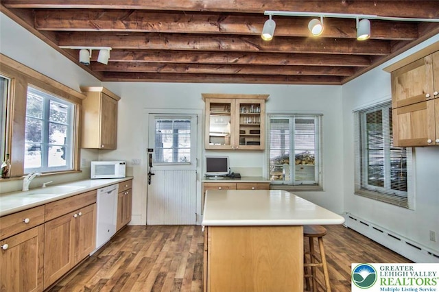 664 Griscom Rd, Barrett Twp, PA 18323 - kitchen featuring baseboard heating, white appliances, wood finished floors, a kitchen bar, and beam ceiling