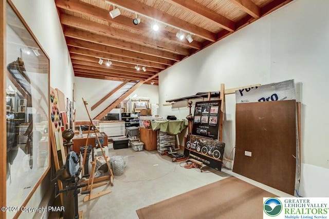 664 Griscom Rd, Barrett Twp, PA 18323 - basement with rail lighting and wood ceiling