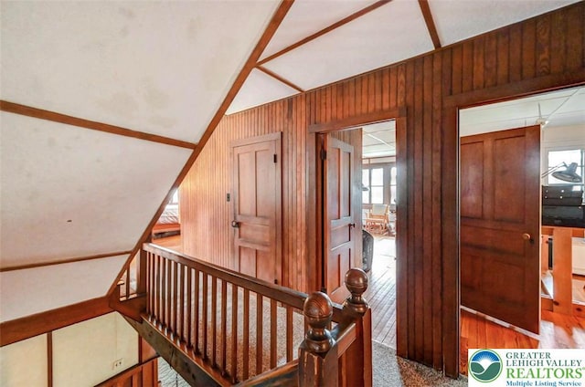 664 Griscom Rd, Barrett Twp, PA 18323 - stairway featuring wooden walls and lofted ceiling