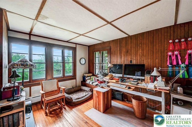 664 Griscom Rd, Barrett Twp, PA 18323 - office featuring wood walls, hardwood / wood-style floors, and a baseboard radiator