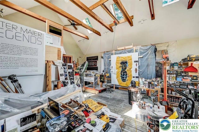 664 Griscom Rd, Barrett Twp, PA 18323 - misc room with a ceiling fan, high vaulted ceiling, and wood finished floors