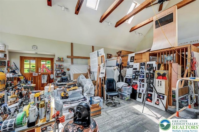 664 Griscom Rd, Barrett Twp, PA 18323 - miscellaneous room featuring beamed ceiling, high vaulted ceiling, and a ceiling fan
