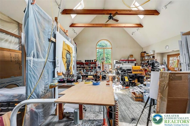 664 Griscom Rd, Barrett Twp, PA 18323 - miscellaneous room with beamed ceiling, plenty of natural light, high vaulted ceiling, a ceiling fan, and a workshop area