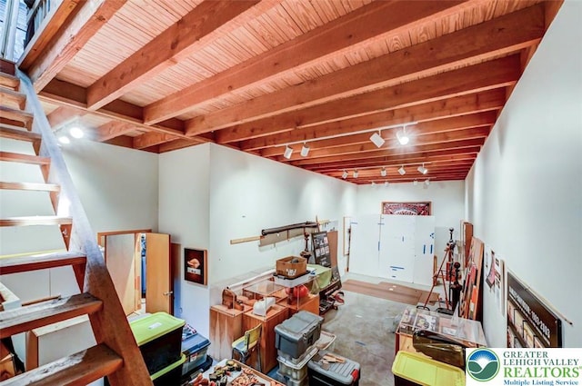 664 Griscom Rd, Barrett Twp, PA 18323 - misc room with a wooden ceiling with exposed beams and stairway