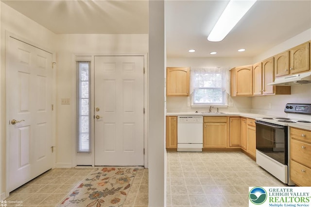 2638 Harvest Dr S, Forks Twp, PA 18040 - kitchen with dishwasher, electric stove, under cabinet range hood, light brown cabinets, and recessed lighting
