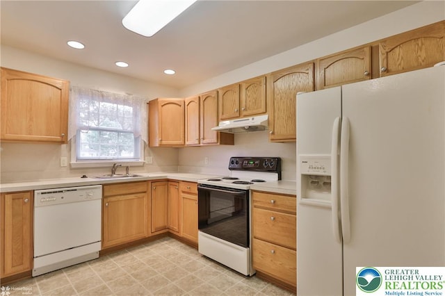 2638 Harvest Dr S, Forks Twp, PA 18040 - kitchen featuring white appliances, under cabinet range hood, light brown cabinets, light countertops, and recessed lighting