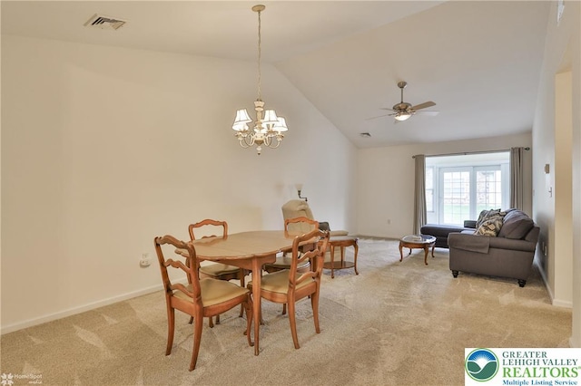 2638 Harvest Dr S, Forks Twp, PA 18040 - dining area with light carpet, lofted ceiling, a chandelier, and a ceiling fan