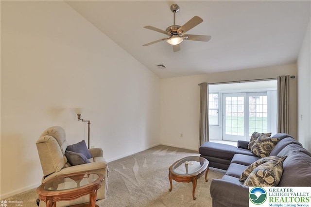 2638 Harvest Dr S, Forks Twp, PA 18040 - living area featuring carpet floors, lofted ceiling, and ceiling fan