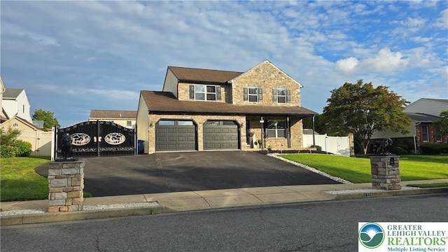 1136 Ashbourne Dr, Muhlenberg Twp, PA 19605 - view of front of home with a gate, asphalt driveway, brick siding, and stone siding