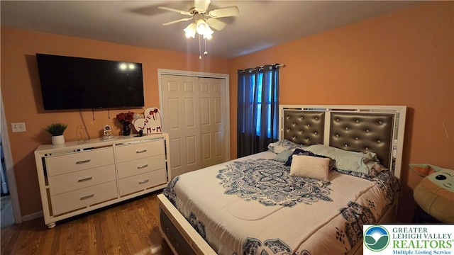 1136 Ashbourne Dr, Muhlenberg Twp, PA 19605 - bedroom with dark wood-style floors, a closet, and a ceiling fan