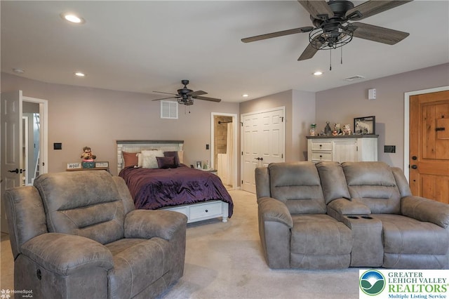 3536 New Hampshire Ave, Bethlehem Twp, PA 18045 - bedroom featuring recessed lighting, light carpet, and a ceiling fan