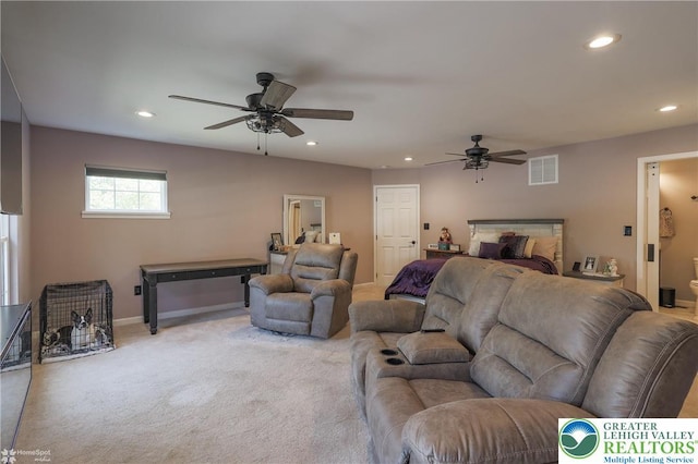 3536 New Hampshire Ave, Bethlehem Twp, PA 18045 - living room featuring a ceiling fan, recessed lighting, and light colored carpet