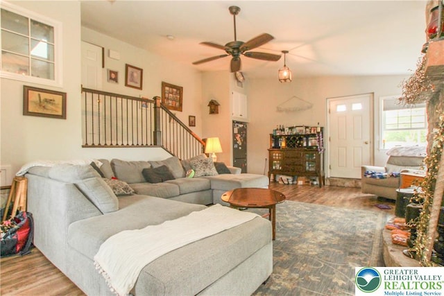 518 Bauer Rd, Moore Twp, PA 18014 - living room with wood finished floors, ceiling fan, and stairs