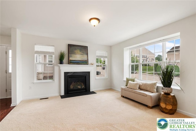4094 Bunker Hill Dr S, Upper Saucon Twp, PA 18036 - carpeted living area featuring baseboards and a fireplace with flush hearth