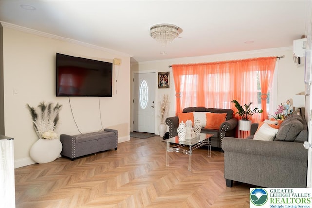 2912 Lehigh St, Allentown City, PA 18103 - living area featuring crown molding and a wall unit AC