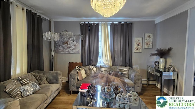 1500 Schuylkill Ave, Reading City, PA 19601 - living area with crown molding, a chandelier, wood finished floors, and a baseboard radiator