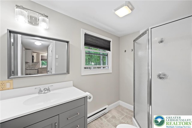 29 Long Brook Way, Penn Forest Twp, PA 18210 - bathroom featuring a baseboard heating unit, vanity, and a shower stall