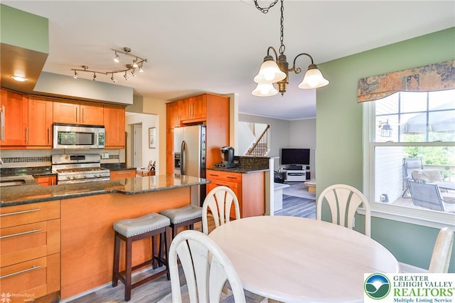 1945 Jenkins Dr, Forks Twp, PA 18040 - kitchen with appliances with stainless steel finishes, a peninsula, a chandelier, hanging light fixtures, and wood finished floors