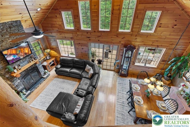 207 W Douglasville Rd, Bushkill Twp, PA 18064 - living room featuring high vaulted ceiling, a glass covered fireplace, ceiling fan, healthy amount of natural light, and wood walls