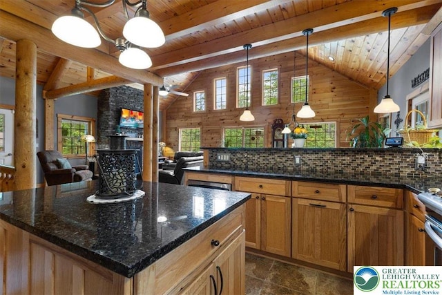 207 W Douglasville Rd, Bushkill Twp, PA 18064 - kitchen with open floor plan, a wood ceiling with exposed beams, a peninsula, high vaulted ceiling, and backsplash