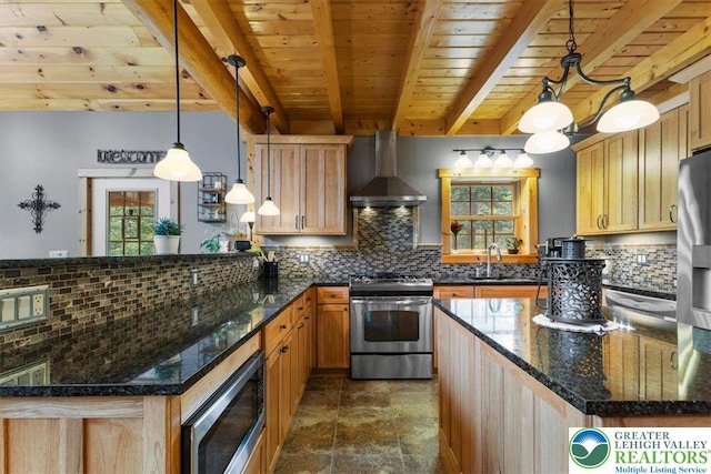 207 W Douglasville Rd, Bushkill Twp, PA 18064 - kitchen featuring wall chimney range hood, stainless steel appliances, a peninsula, a wood ceiling with exposed beams, and decorative backsplash